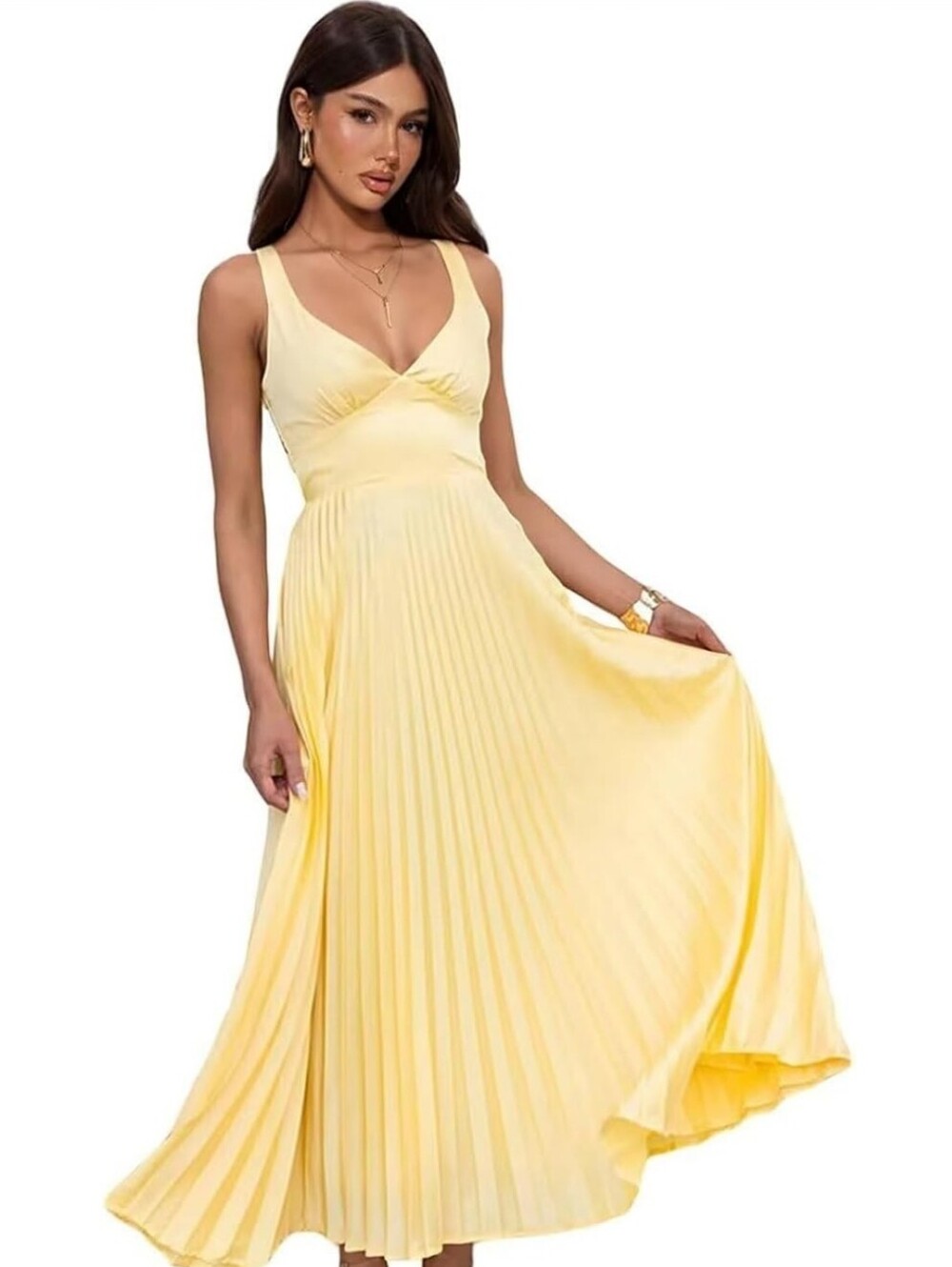 Sleeveless Pleated V-Neck Maxi Dress - Yellow